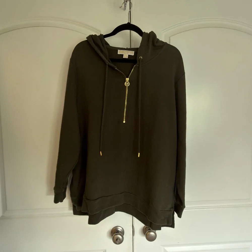 Michael Kors Womens 2X Olive Green Quarter Zip Hoodie MK Logo Sweatshirt